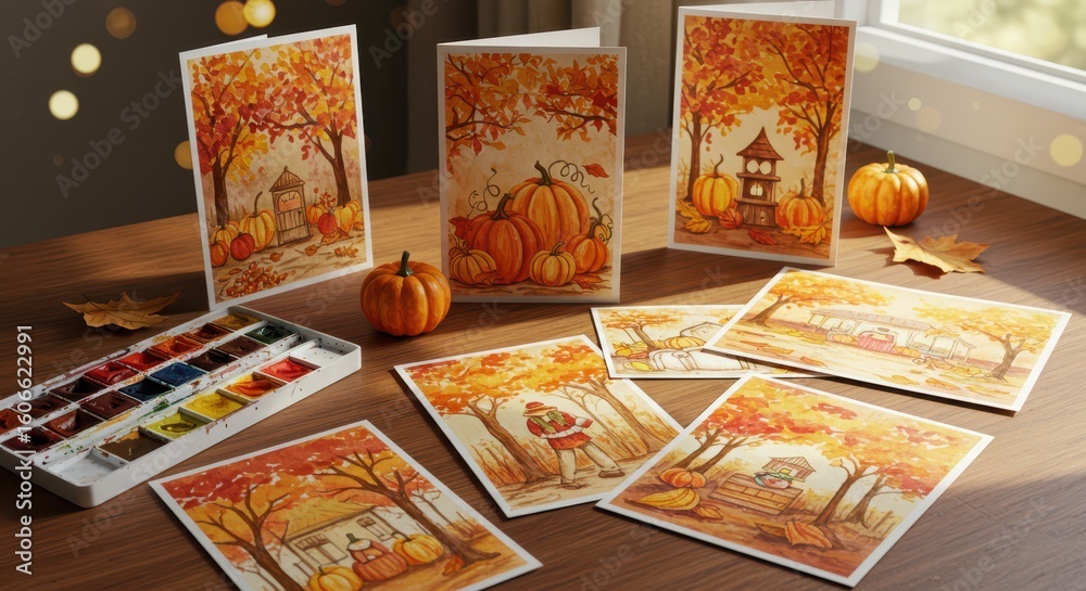 Obraz premium Handmade autumn greeting cards displayed on wooden table with pumpkins