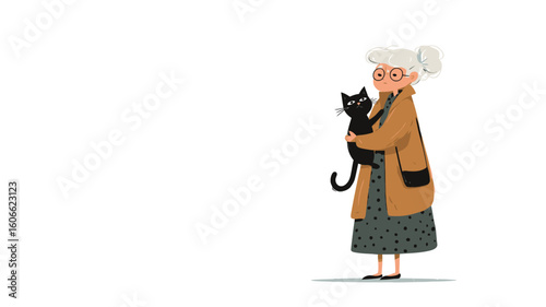 A digital illustration depicting an elderly woman with grey hair and glasses holding a black cat. The style is simple and cartoonish, with flat colors and minimal detail.