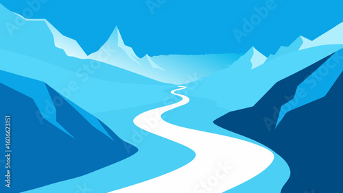 Explore a majestic glacial valley featuring a river of ice flowing through it