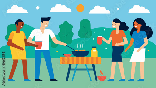 Friends enjoying a lively backyard barbecue gathering delicious food and good times