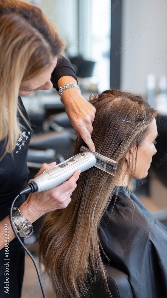 Fototapeta premium stylist applying keratin-bonded hair extensions on clientâ€™s scalp using heat tool, modern salon setting, focus on process 