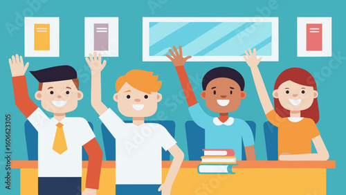 Engaged students in a vibrant classroom raising their hands eager to participate