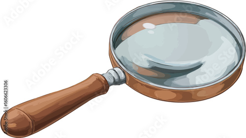 A digital illustration of a magnifying glass with a wooden handle. The magnifying glass has a round, clear lens with a slight reflection. The handle is brown wood and appears smooth.