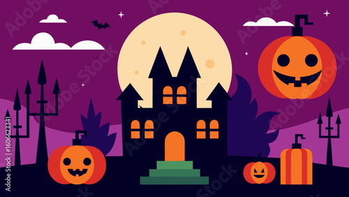 Create a spooky Halloween scene featuring carved pumpkins and eerie decorative elements
