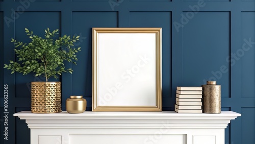 Framed Poster Above White Mantel on Navy Wall with Gold and Book Accents