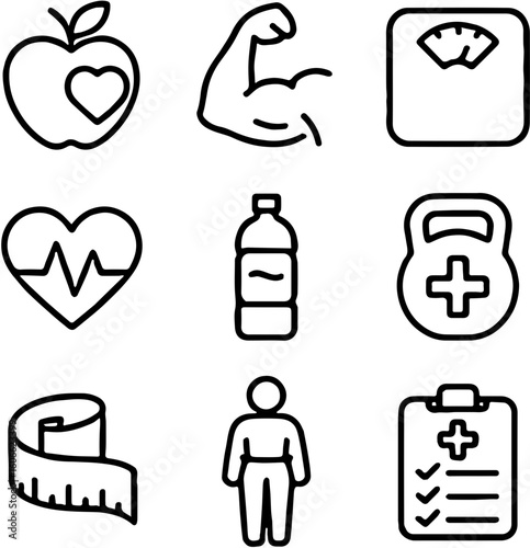 Modern Outline Icons Portraying Health, Wellness, and Body Metrics,  Medical Care and Personal Fitness