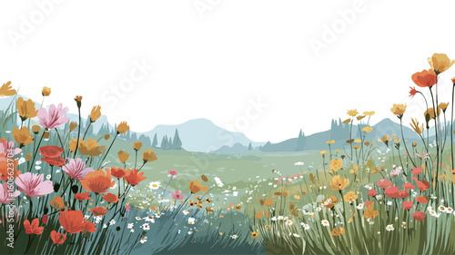 A digital painting or illustration depicts a vibrant wildflower meadow scene. The foreground showcases a profusion of various wildflowers in shades of red, orange, pink, and yellow, rendered with 
