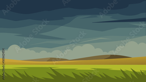 Expansive Grassland Prairie Under Stormy Sky Dramatic Weather Scene