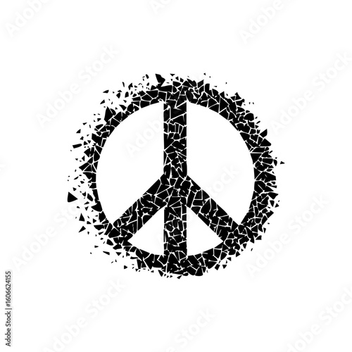 Broken peace symbol constructed from shattered fragments, symbolizing fragile peace, conflict, or the rebuilding of harmony.

