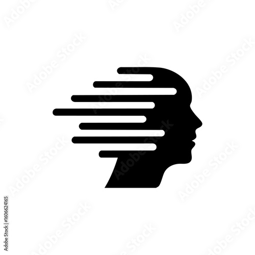 Minimal icon of a human head disintegrating into lines, symbolizing mindfulness, chaos turning into calm, or mental clarity.

