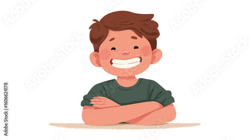 A digital illustration depicting a happy young boy with brown hair. He is smiling broadly with his arms folded across his chest. The style is cartoonish and flat, with simple shapes and minimal