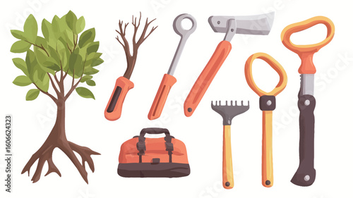 A digital illustration depicting a collection of various gardening tools and a young sapling with visible roots. The tools include pruning shears, a hand saw, loppers, a trowel, a rake, 