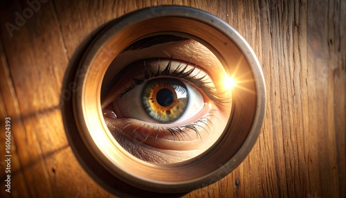 Eye Peeking Through Hole in Wooden Door Close-up