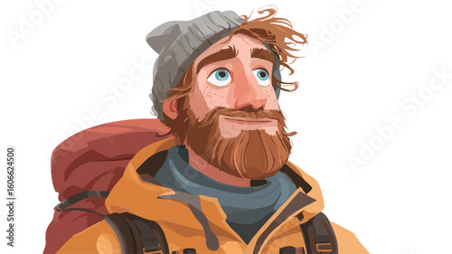 A digital illustration depicts a close-up portrait of a man. He has a reddish-brown beard, blue eyes, and unruly curly hair, partly visible under a grey knit beanie. He's wearing an orange jacket
