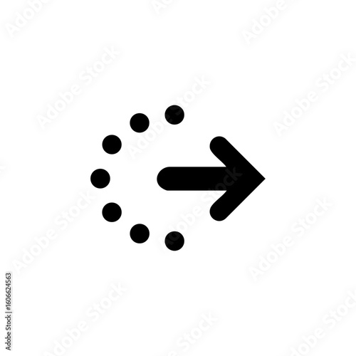 A bold right-facing arrow cutting through a dotted semi-circle, representing movement, transition, and loading or progression.

