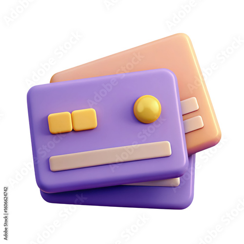 Stylized 3d rendering of two pastel colored credit cards with embossed elements isolated on transparent background