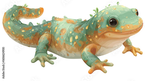 Close-up shot of a small, colorful lizard figurine. The figurine is predominantly teal and orange-yellow, with a mottled pattern and textured scales. It has a friendly expression and is depicted in