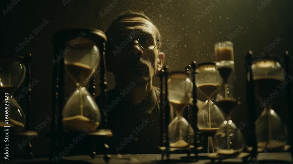 Mysterious figure observes sand timers in dimly lit room revealing themes of time and reflection