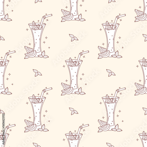Outline Seamless Pattern with tropical Guava Drink with Fruit slices and Mint on light yellow Background. Summer Refreshing Cocktail with straw. Line hand drawing. Vector illustration