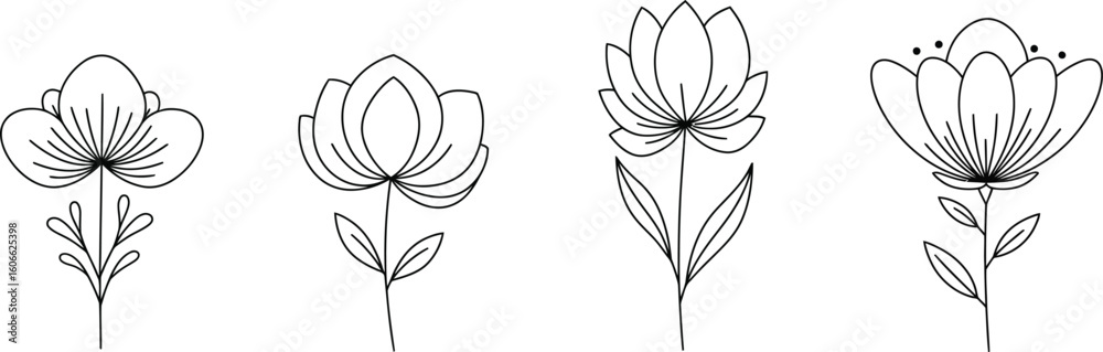Fototapeta premium Hand-Drawn Flower Vector Set – Minimalist Black Outline Illustrations