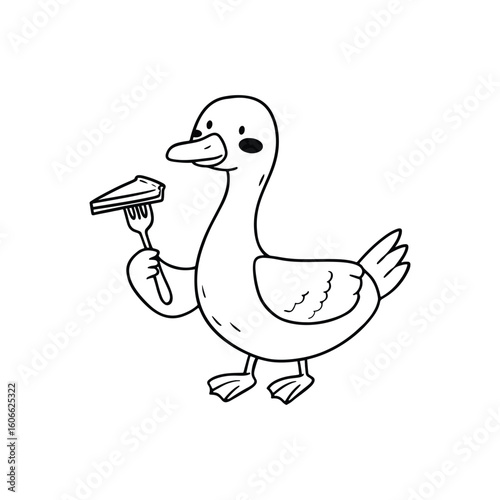Simple illustration of cute goose holding a pie slice with fork