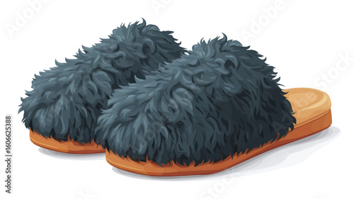 A studio shot against a white background of a pair of dark blue, fuzzy slippers with orange soles. The slippers are shown from a slightly elevated angle, showcasing the texture of the fluffy