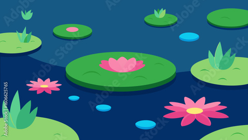 Tranquil Pond Covered with Beautiful Lily Pads and Lotus Flowers