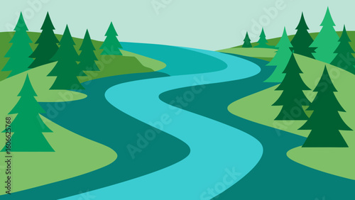 Tranquil River Winding Through a Dense Old Growth Forest