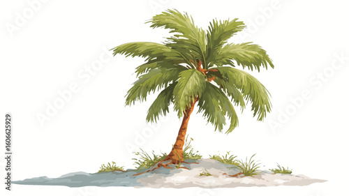 The image is a digital illustration of a single palm tree situated on a small, sandy island. The palm tree is depicted with detailed fronds and a slightly leaning trunk. The sand is light beige