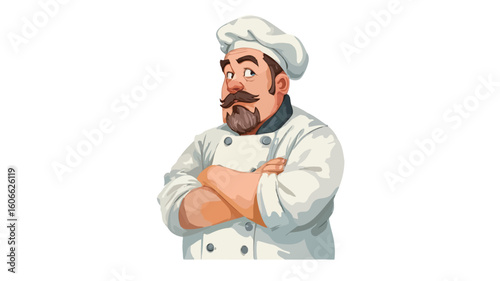 A digital illustration of a cartoon chef. The chef is a middle-aged man with a mustache and beard, wearing a white chef's uniform and toque. His arms are crossed, and he has a confident expression