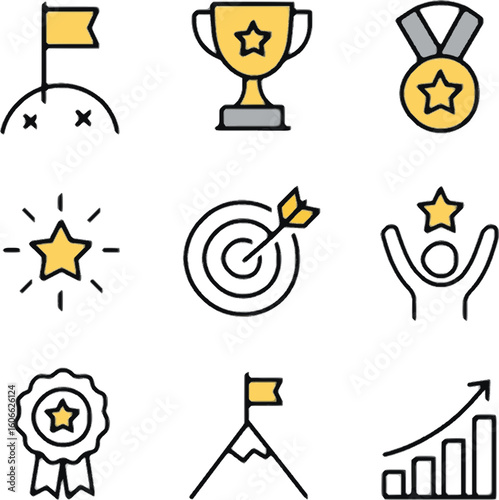 vibrant collection of business and success-oriented line art icons with pops of yellow, depicting achievement, goals, and growth in an optimistic and inspiring mood