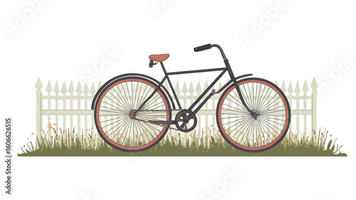Digital illustration of a vintage-style bicycle with dark-colored frame and light brown tires. The bicycle is positioned in front of a white picket fence with tall grass at its base. 