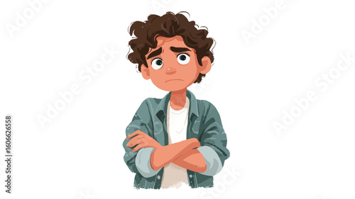 A digital illustration of a young man with short, curly brown hair. He is depicted from the chest up, with his arms crossed over his chest, and a pensive or slightly sad expression on his face.