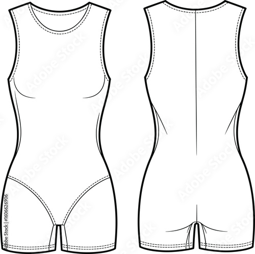 Women's sleeveless bodysuit flat sketch, front and back views, athletic romper, leotard, customizable template, fashion design, sportswear, activewear, basic garment, dancewear.