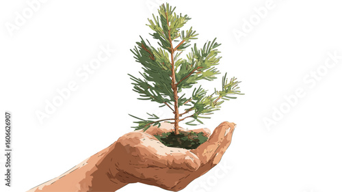 An illustration depicting a human hand gently cradling a small sapling. The sapling has light green needles or leaves and a visible brown trunk.  It is nestled in a small clump of soil within the