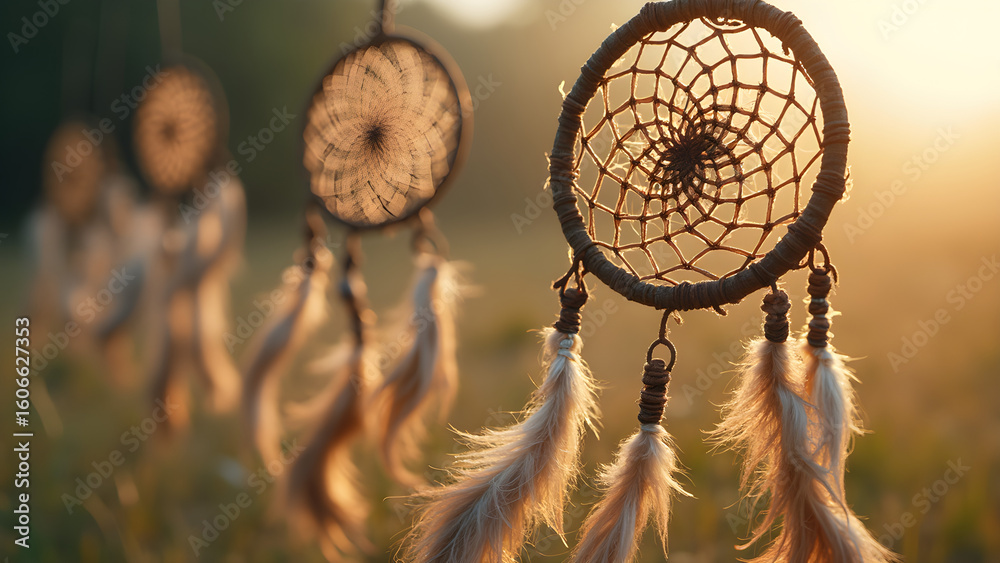 Obraz premium Dreamcatchers spinning in the wind. Ultra-realistic dreamcatcher designs. Handmade dreamcatchers for home decor. Unique dreamcatchers for protection and style.