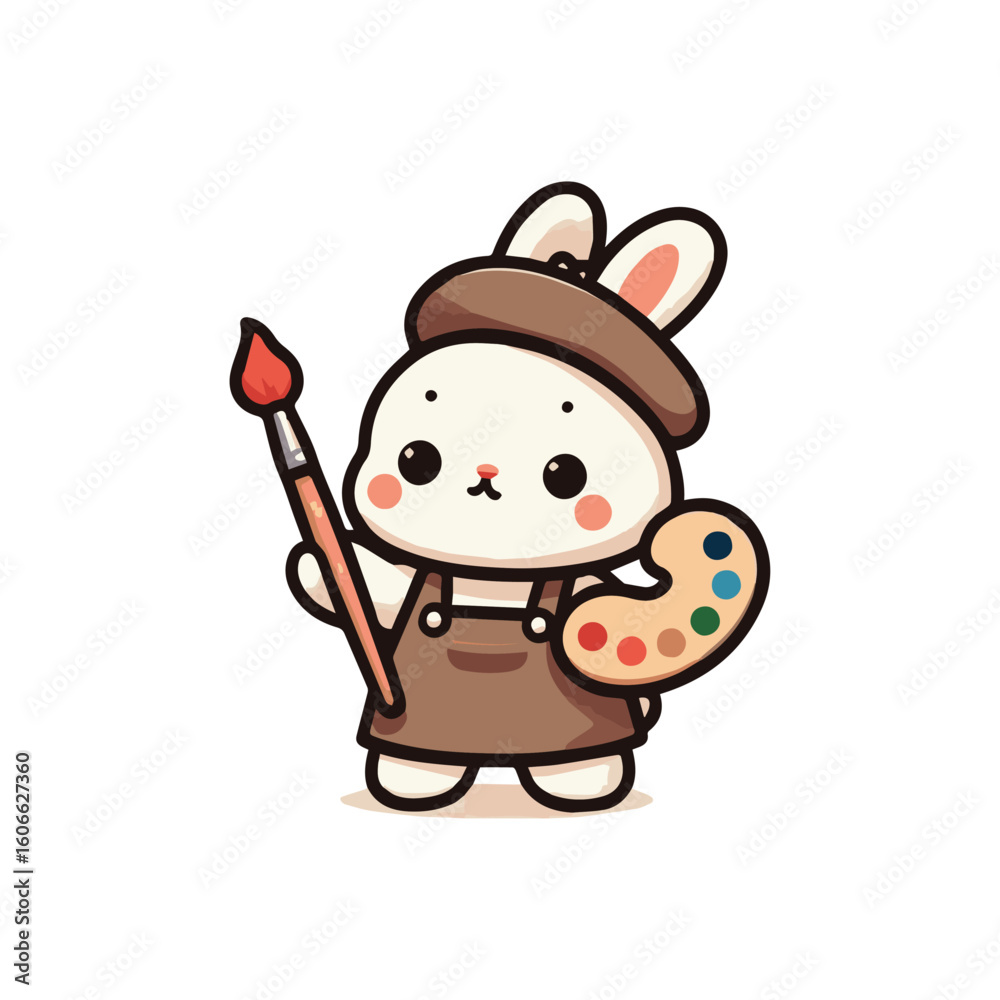 Sweet Bunny Artist Holding Paintbrush and Palette in Brown Apron Sweet Bunny Artist Holding Paintbrush and Palette in Brown Apron