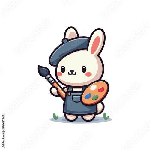 Adorable Bunny Artist with Beret Holding Paintbrush and Palette