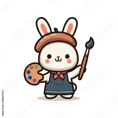 Cheerful Bunny Artist with Big Brush and Palette in Overalls
