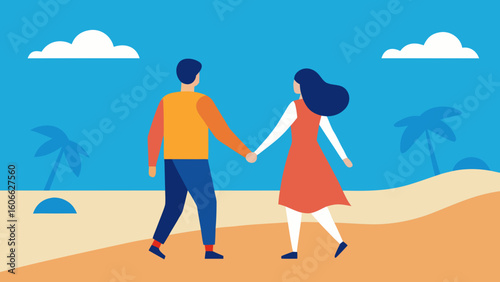 Romantic Couple Holding Hands Walking Beach Sunset Love Serenity