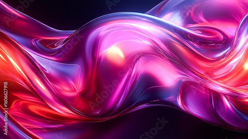 A dynamic 3D rendering of an abstract fluid holographic wave in neon hues, set against a dark backdrop. Offers a gradient design suitable for banners, backgrounds, wallpapers, and covers