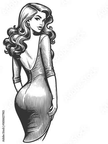 confident woman in a fitted dress, looking over her shoulder with a glamorous expression sketch engraving generative ai fictional character vector illustration. Scratch board. Black and white image.
