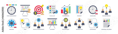 Icon Set of Management, Time Management, Strategy, Goals, To Do List, Proses and More. Icon Flat Style