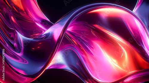 A dynamic 3D rendering of an abstract fluid holographic wave in neon hues, set against a dark backdrop. Offers a gradient design suitable for banners, backgrounds, wallpapers, and covers