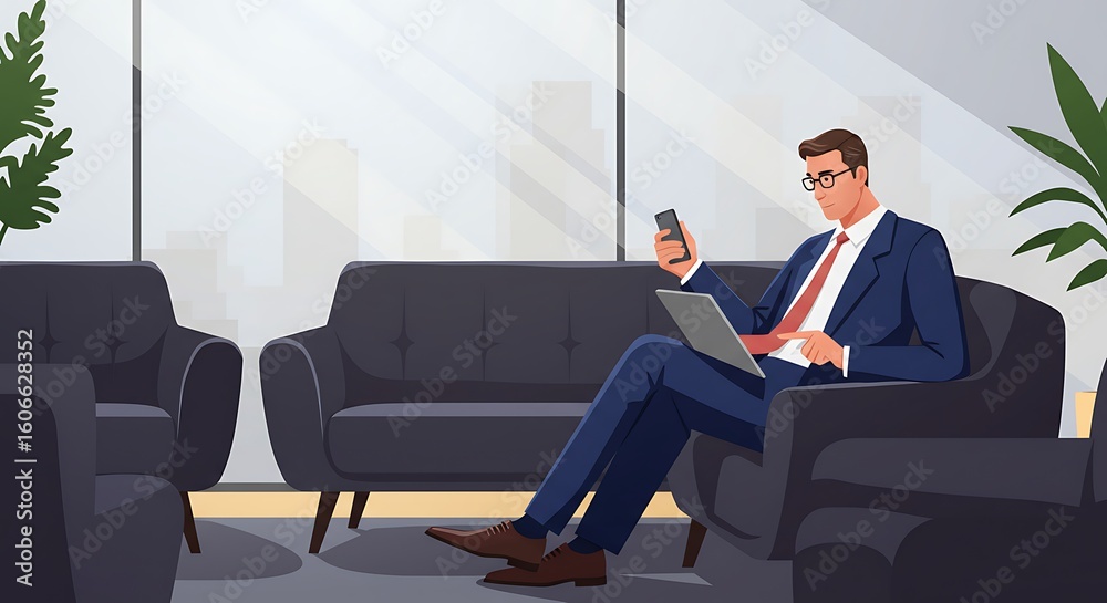 Fototapeta premium Business Professional Working Remotely in Modern Waiting Area