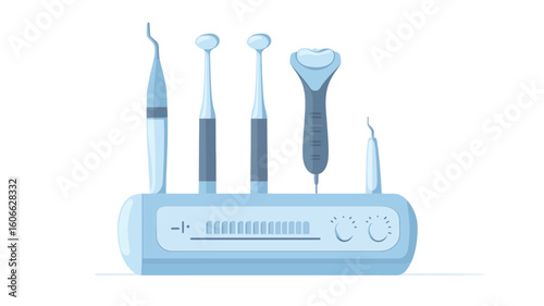 A digital illustration depicting a set of four dental instruments neatly arranged on a light blue charging station. The instruments include a dental explorer, two dental curettes, and an ultrasonic