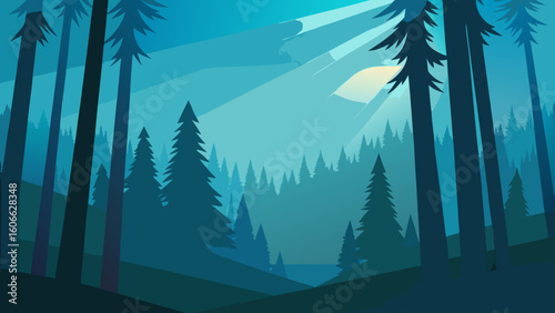 Wander through a serene mist filled redwood forest at dawn with tall trees