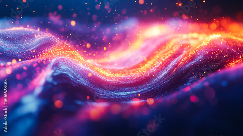 A dynamic 3D rendering of an abstract fluid holographic wave in neon hues, set against a dark backdrop. Offers a gradient design suitable for banners, backgrounds, wallpapers, and covers