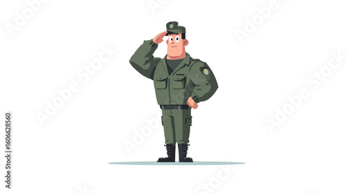 A digital illustration depicting a cartoon soldier in a green military uniform. The soldier is depicted from the knees up, with a muscular build, saluting with his right hand to his forehead. 