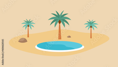 Observe a stark beautiful desert oasis centered around a calm pool